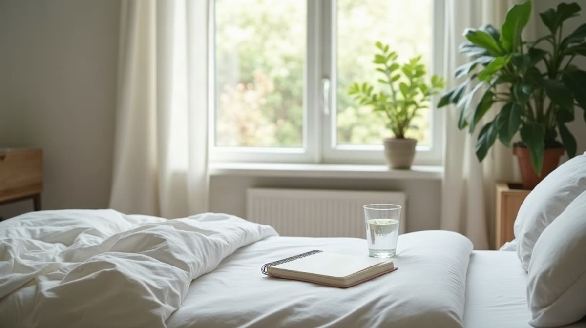 Chambre claire et vide avec un lit fait, un verre d’eau et une plante
