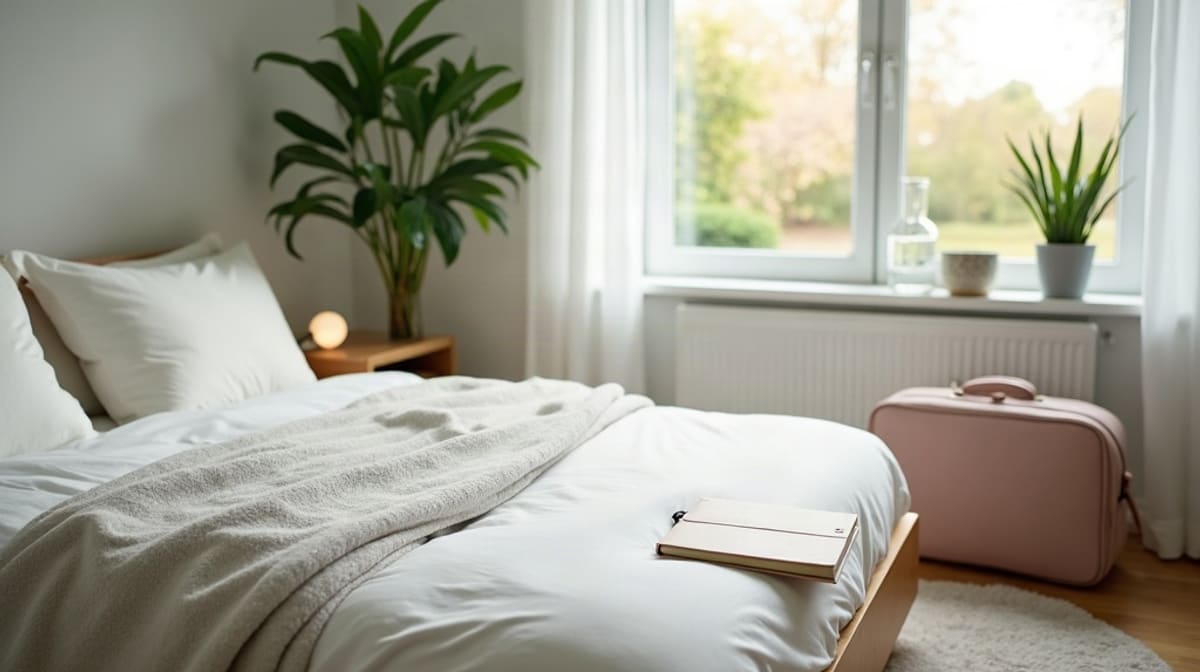 Chambre lumineuse et vide avec un lit fait, une plante et un verre d’eau près de la fenêtre