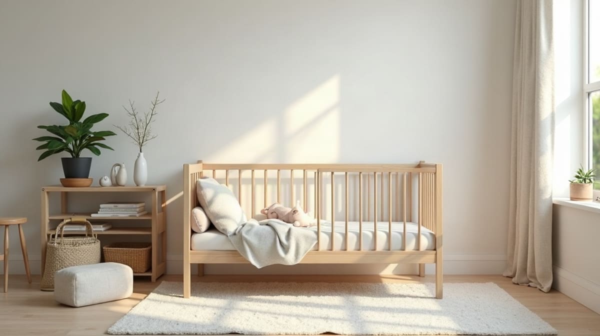Chambre de bébé lumineuse et vide avec un lit fait, un doudou et une plante près de la fenêtre
