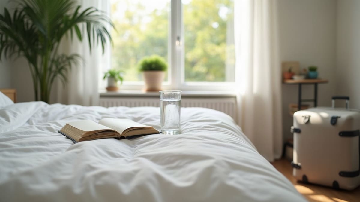 Chambre lumineuse et vide avec lit fait, plante, verre d’eau et carnet fermé devant un jardin